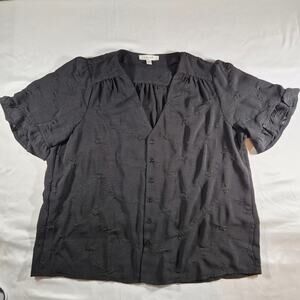 Haver + Blair Women’s Black Floral Eyelet XL V-Neck Ruffle Sleeve Button-Up Top